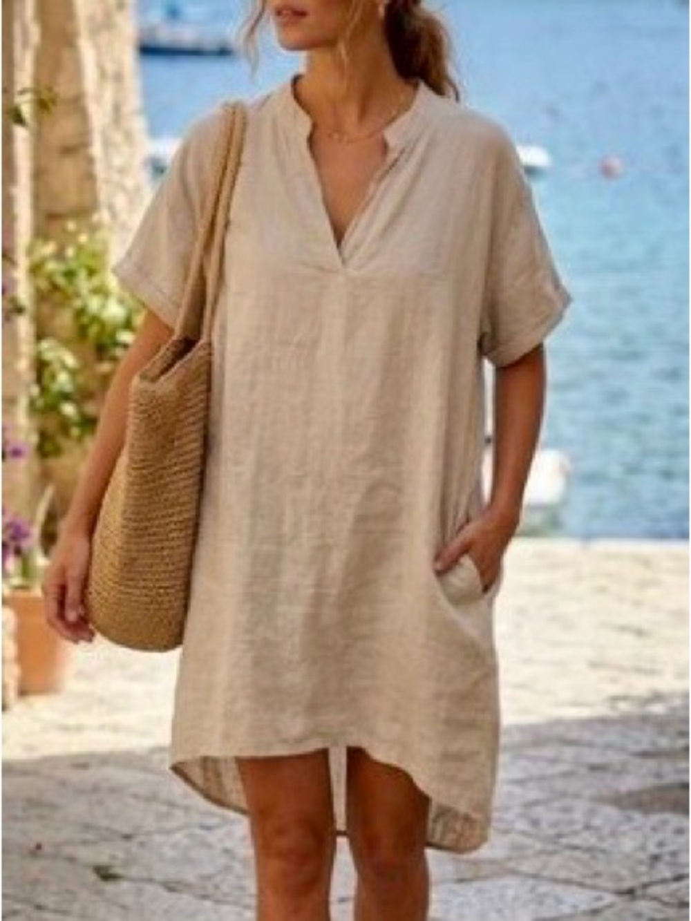 EUC Meo Meli 100% Linen Light Beige Short Sleeve Tunic Dress